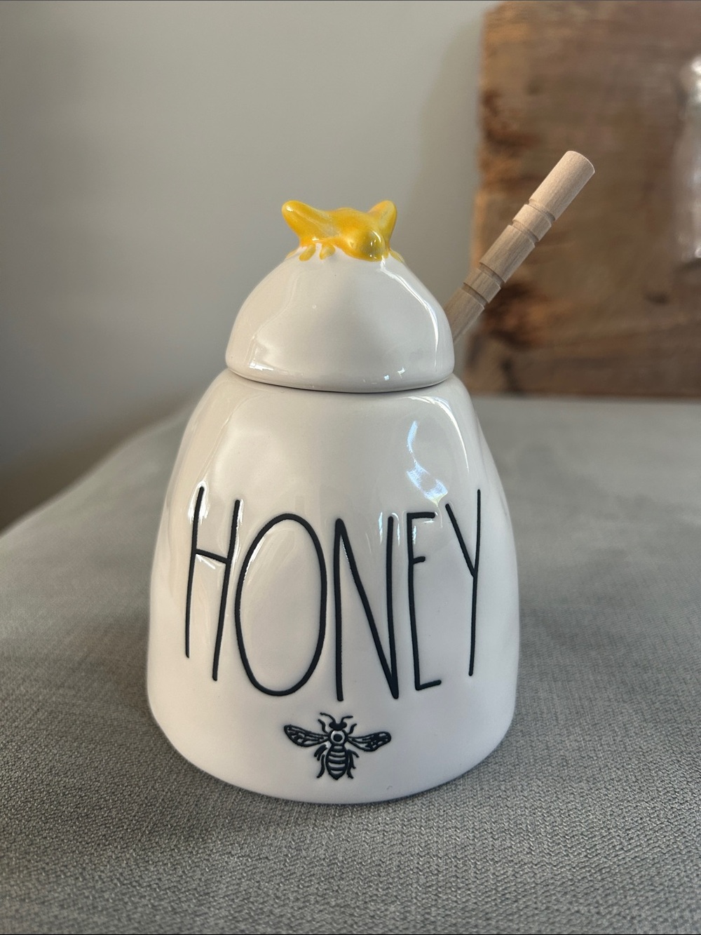 Rae Dunn Ceramic Honey Jar with Bee Accent - White & Yellow